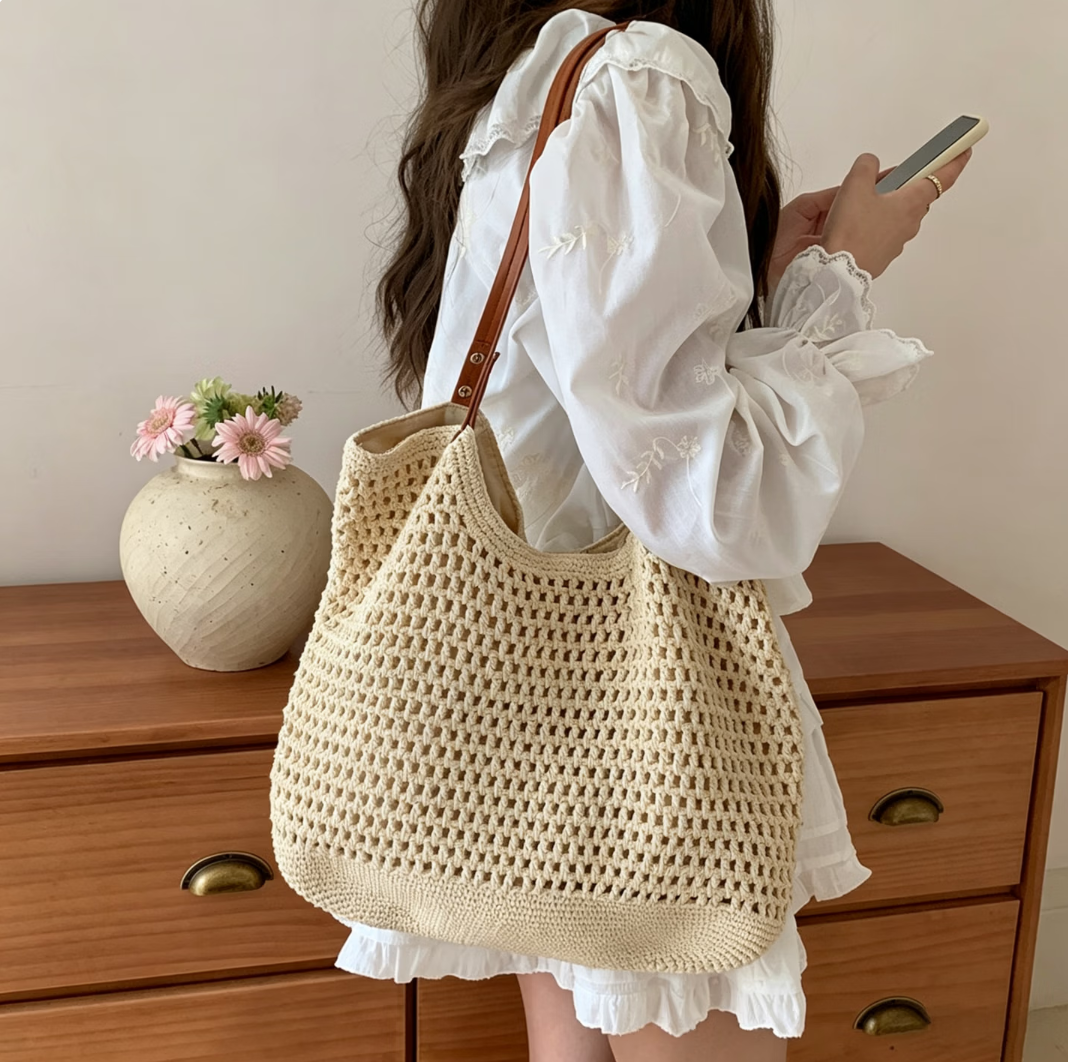 星昔2026新款女包单肩棉线包编织包斜跨镂空网纹托特包海边度假沙滩包 米白色【加大款】